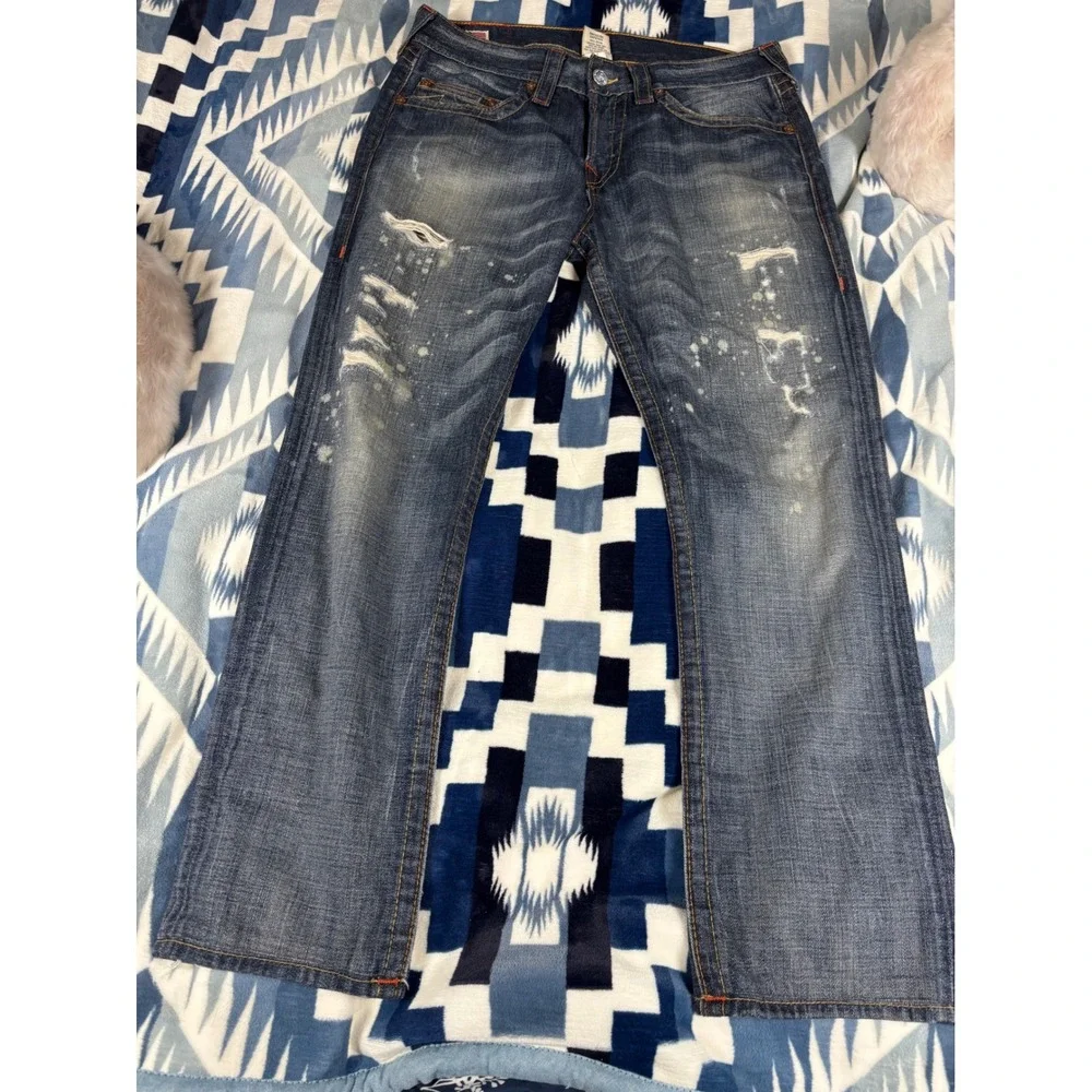 True Religion Geno Distressed  Splatter Jeans Mens 33 Made in USA Blue Denim